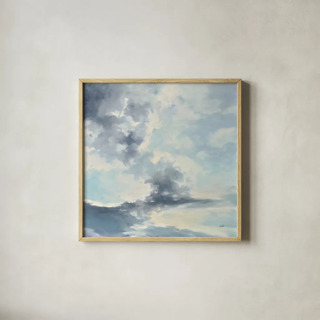 Cool Evening Clouds by Julia Purinton. Shown in a natural wood glass frame for a timeless modern aesthetic. Available as an archival giclee rolled canvas, fine art paper, or poster print. SKU 70360a.