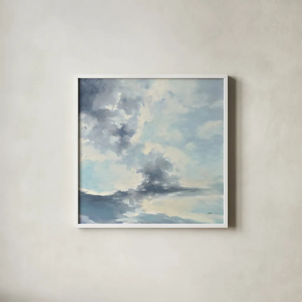 Cool Evening Clouds by Julia Purinton. Shown in a crisp white glass frame for a clean and minimalist style. Available as an archival giclee rolled canvas, fine art paper, or poster print. SKU 70360a.
