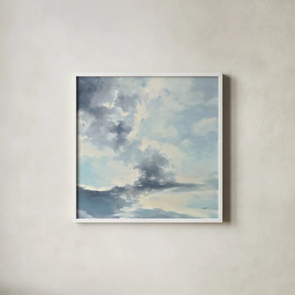 Cool Evening Clouds by Julia Purinton. Shown in a crisp white glass frame for a clean and minimalist style. Available as an archival giclee rolled canvas, fine art paper, or poster print. SKU 70360a.
