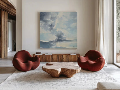 Cool Evening Clouds by Julia Purinton. Shown as extra-large giant wall art in a modern living room. Available as an archival giclee rolled canvas, fine art paper, or poster print. SKU 70360a.