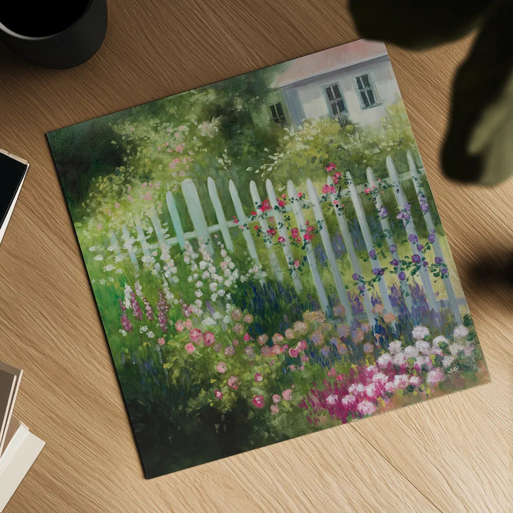 Cottage Garden by Julia Purinton. Shown as a detailed flat fine art print, highlighting archival giclee quality. Available as an archival giclee rolled canvas, fine art paper, or poster print. SKU 93106a.