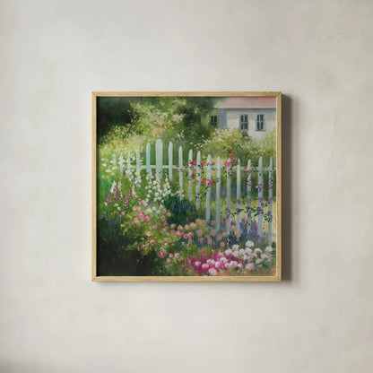 Cottage Garden by Julia Purinton. Shown in a natural wood glass frame for a timeless modern aesthetic. Available as an archival giclee rolled canvas, fine art paper, or poster print. SKU 93106a.