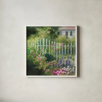 Cottage Garden by Julia Purinton. Shown in a crisp white glass frame for a clean and minimalist style. Available as an archival giclee rolled canvas, fine art paper, or poster print. SKU 93106a.
