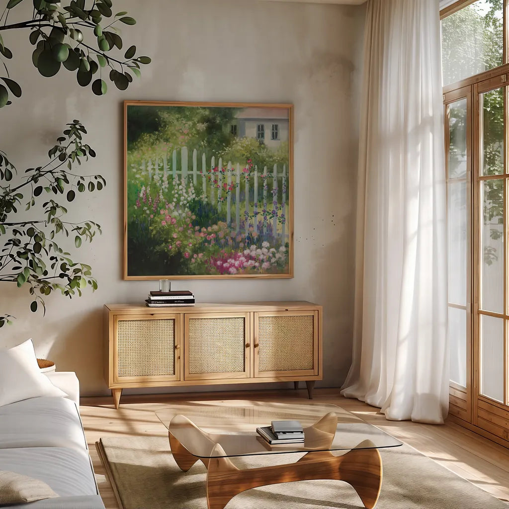 Cottage Garden by Julia Purinton. Shown in a natural wood frame in a cozy modern living room. Available as an archival giclee rolled canvas, fine art paper, or poster print. SKU 93106a.