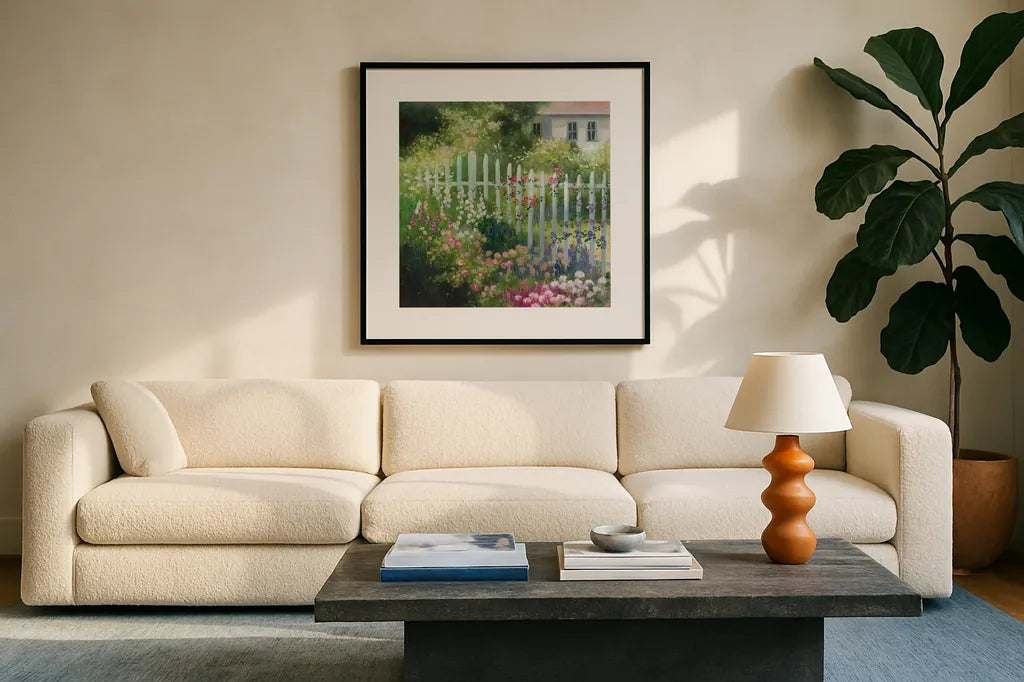 Cottage Garden by Julia Purinton. Displayed in a glass frame with matte in a clean modern living room. Available as an archival giclee rolled canvas, fine art paper, or poster print. SKU 93106a.