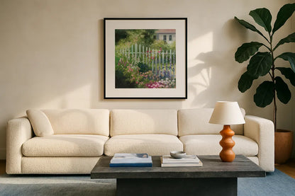 Cottage Garden by Julia Purinton. Displayed in a glass frame with matte in a clean modern living room. Available as an archival giclee rolled canvas, fine art paper, or poster print. SKU 93106a.
