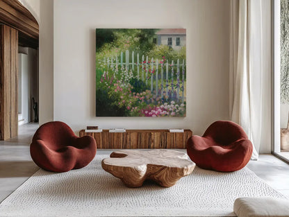 Cottage Garden by Julia Purinton. Shown as extra-large giant wall art in a modern living room. Available as an archival giclee rolled canvas, fine art paper, or poster print. SKU 93106a.