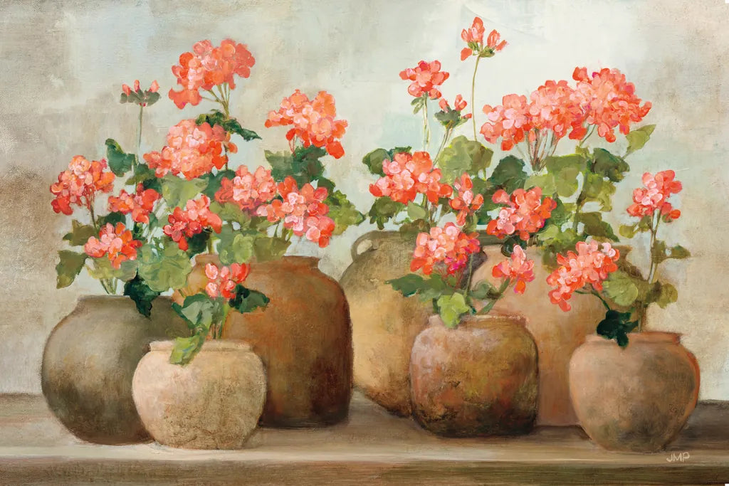 Cottage Geraniums by Julia Purinton. SKU 81284i. Archival Giclee Fine art print for wall decor.