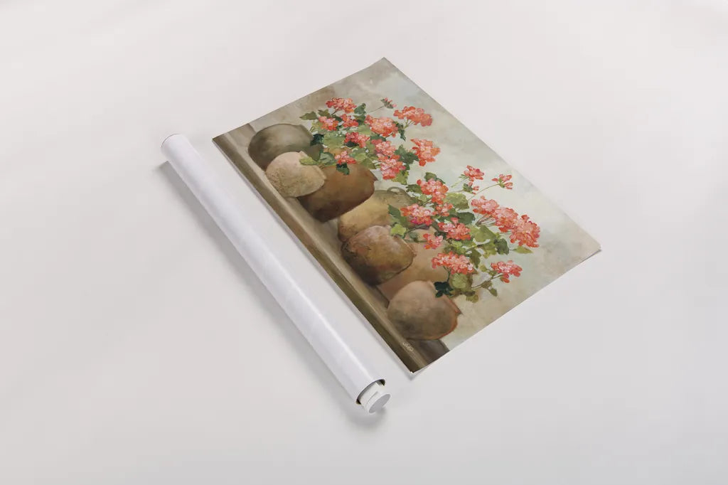 Cottage Geraniums by Julia Purinton. shown as a rolled paper print. Available as archival giclee rolled canvas, fine art paper, or poster print. SKU 81284i.