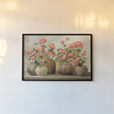 Cottage Geraniums by Julia Purinton. shown as a paper print in a black flame. Available as a archival giclee rolled canvas, fine art paper, or poster print. SKU 81284i.