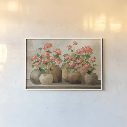 Cottage Geraniums by Julia Purinton. shown as a paper print in a white frame. Available as a archival giclee rolled canvas, fine art paper, or poster print. SKU 81284i.
