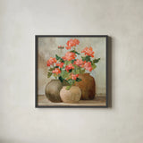 Cottage Geraniums II by Julia Purinton. Shown in a sleek black glass frame for a contemporary gallery look. Available as an archival giclee rolled canvas, fine art paper, or poster print. SKU 81831a.