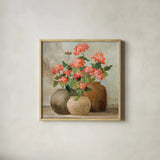 Cottage Geraniums II by Julia Purinton. Shown in a natural wood glass frame for a timeless modern aesthetic. Available as an archival giclee rolled canvas, fine art paper, or poster print. SKU 81831a.