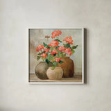 Cottage Geraniums II by Julia Purinton. Shown in a crisp white glass frame for a clean and minimalist style. Available as an archival giclee rolled canvas, fine art paper, or poster print. SKU 81831a.