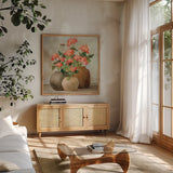 Cottage Geraniums II by Julia Purinton. Shown in a natural wood frame in a cozy modern living room. Available as an archival giclee rolled canvas, fine art paper, or poster print. SKU 81831a.