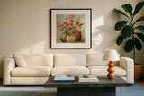 Cottage Geraniums II by Julia Purinton. Displayed in a glass frame with matte in a clean modern living room. Available as an archival giclee rolled canvas, fine art paper, or poster print. SKU 81831a.