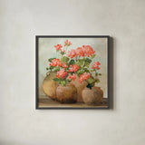 Cottage Geraniums III by Julia Purinton. Shown in a sleek black glass frame for a contemporary gallery look. Available as an archival giclee rolled canvas, fine art paper, or poster print. SKU 81832a.