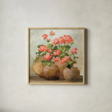 Cottage Geraniums III by Julia Purinton. Shown in a natural wood glass frame for a timeless modern aesthetic. Available as an archival giclee rolled canvas, fine art paper, or poster print. SKU 81832a.