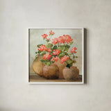 Cottage Geraniums III by Julia Purinton. Shown in a crisp white glass frame for a clean and minimalist style. Available as an archival giclee rolled canvas, fine art paper, or poster print. SKU 81832a.