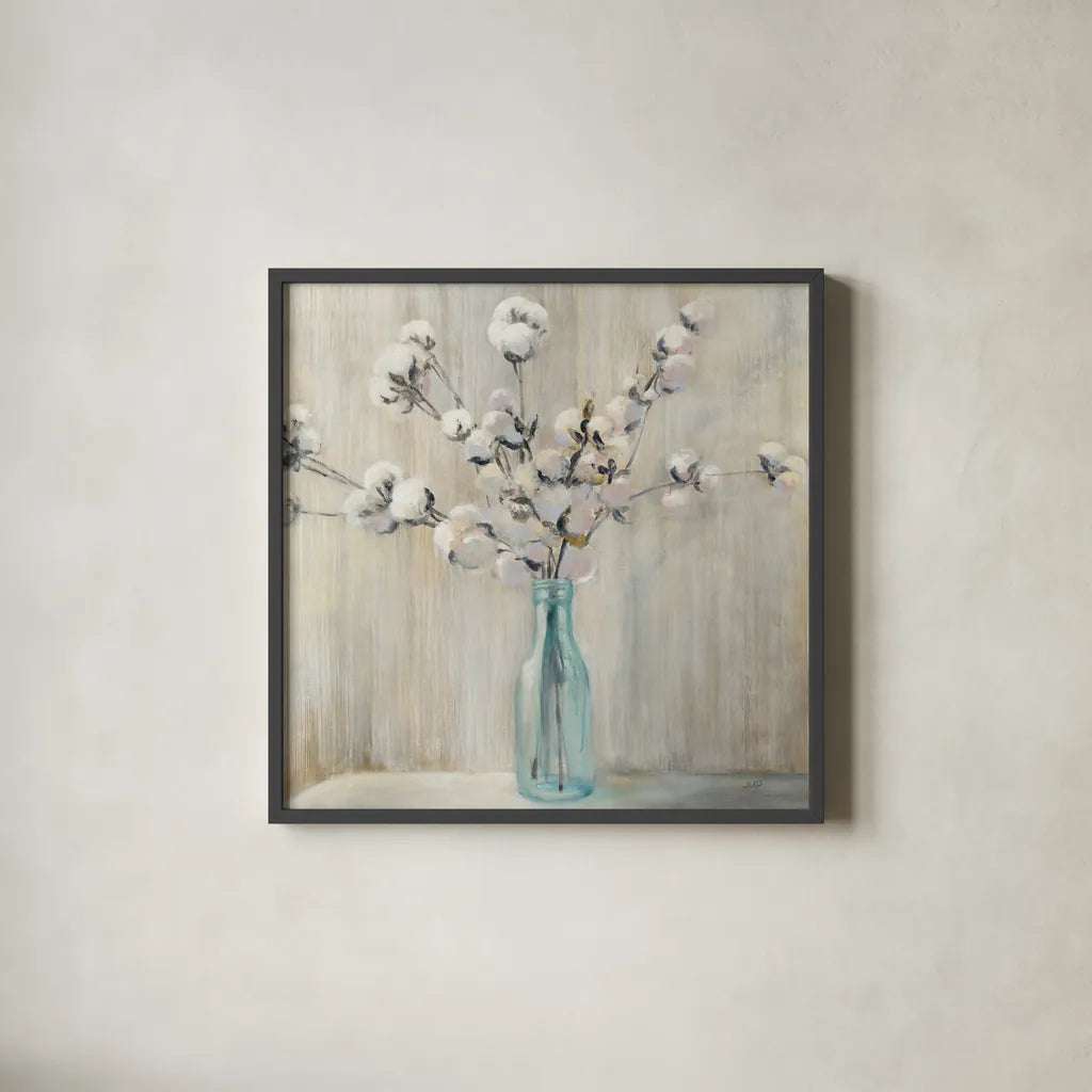 Cotton Bouquet Crop by Julia Purinton. Shown in a sleek black glass frame for a contemporary gallery look. Available as an archival giclee rolled canvas, fine art paper, or poster print. SKU 31779a.
