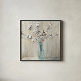 Cotton Bouquet Crop by Julia Purinton. Shown in a sleek black glass frame for a contemporary gallery look. Available as an archival giclee rolled canvas, fine art paper, or poster print. SKU 31779a.