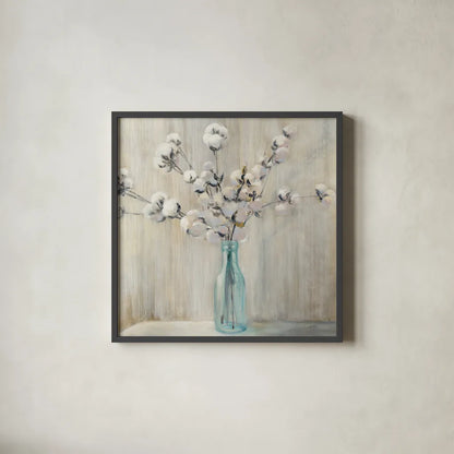 Cotton Bouquet Crop by Julia Purinton. Shown in a sleek black glass frame for a contemporary gallery look. Available as an archival giclee rolled canvas, fine art paper, or poster print. SKU 31779a.