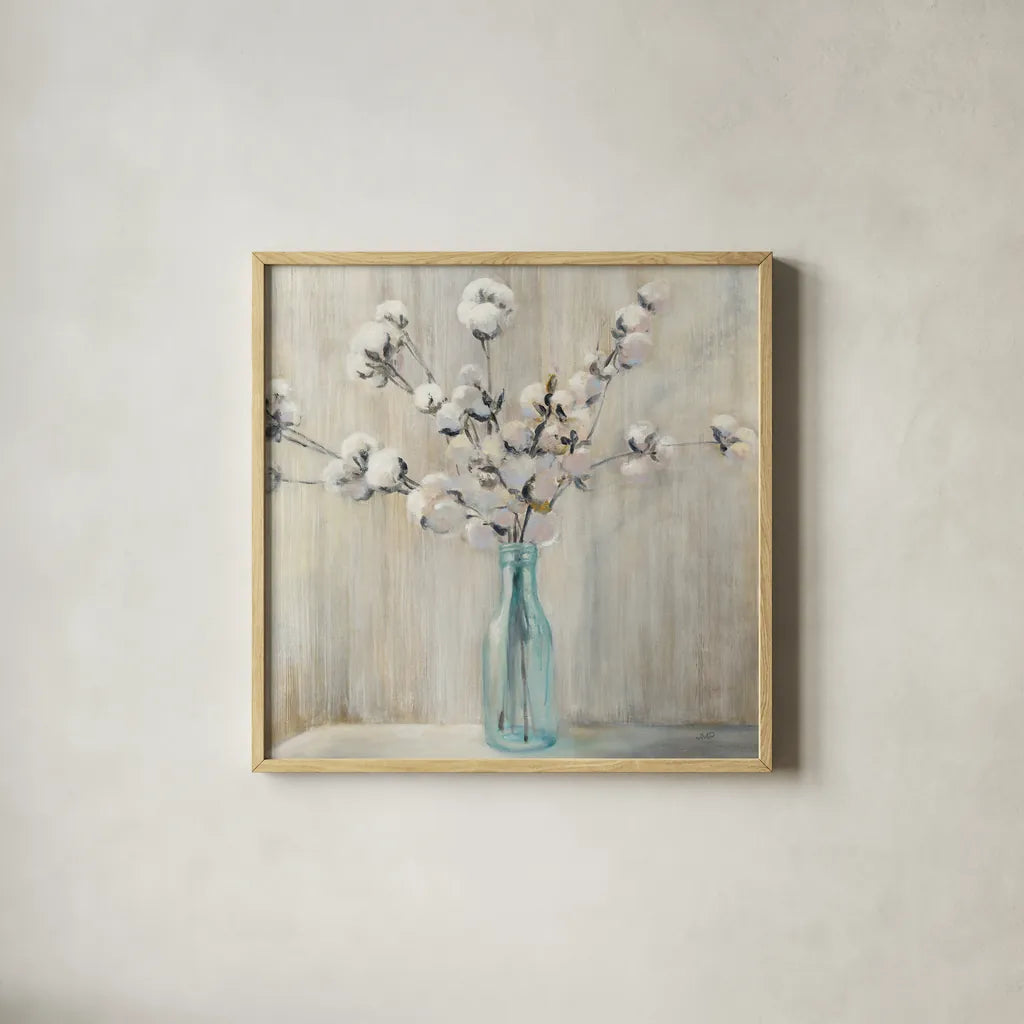 Cotton Bouquet Crop by Julia Purinton. Shown in a natural wood glass frame for a timeless modern aesthetic. Available as an archival giclee rolled canvas, fine art paper, or poster print. SKU 31779a.