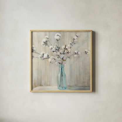 Cotton Bouquet Crop by Julia Purinton. Shown in a natural wood glass frame for a timeless modern aesthetic. Available as an archival giclee rolled canvas, fine art paper, or poster print. SKU 31779a.