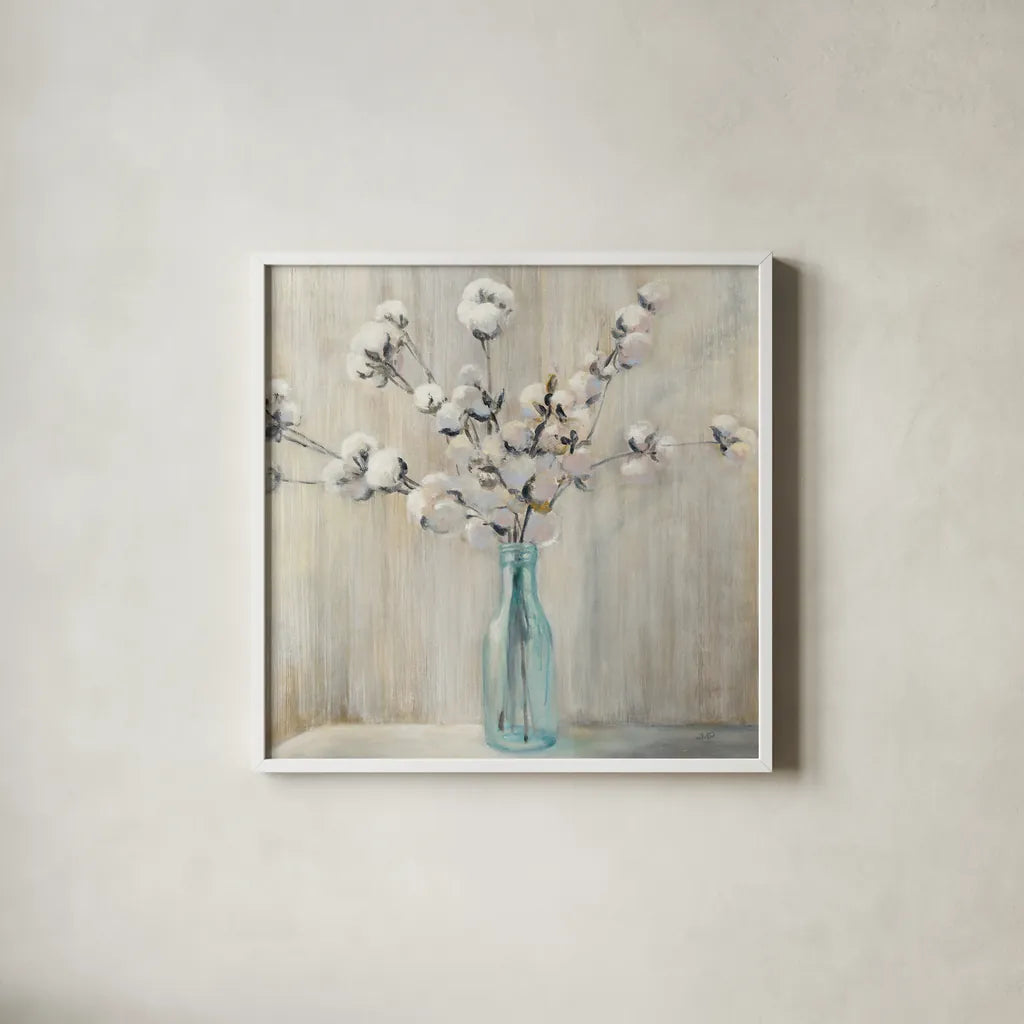 Cotton Bouquet Crop by Julia Purinton. Shown in a crisp white glass frame for a clean and minimalist style. Available as an archival giclee rolled canvas, fine art paper, or poster print. SKU 31779a.