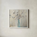 Cotton Bouquet Crop by Julia Purinton. Shown in a crisp white glass frame for a clean and minimalist style. Available as an archival giclee rolled canvas, fine art paper, or poster print. SKU 31779a.