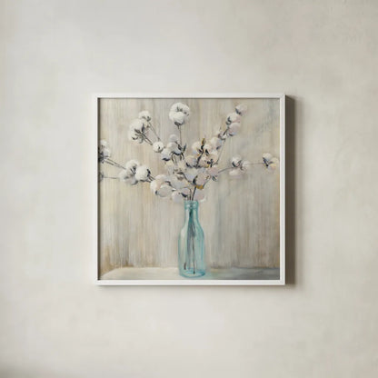 Cotton Bouquet Crop by Julia Purinton. Shown in a crisp white glass frame for a clean and minimalist style. Available as an archival giclee rolled canvas, fine art paper, or poster print. SKU 31779a.