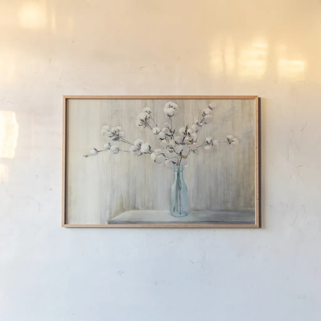 Cotton Bouquet Crop by Julia Purinton. shown as a paper print in a natural frame. Available as a archival giclee rolled canvas, fine art paper, or poster print. SKU 31779i.
