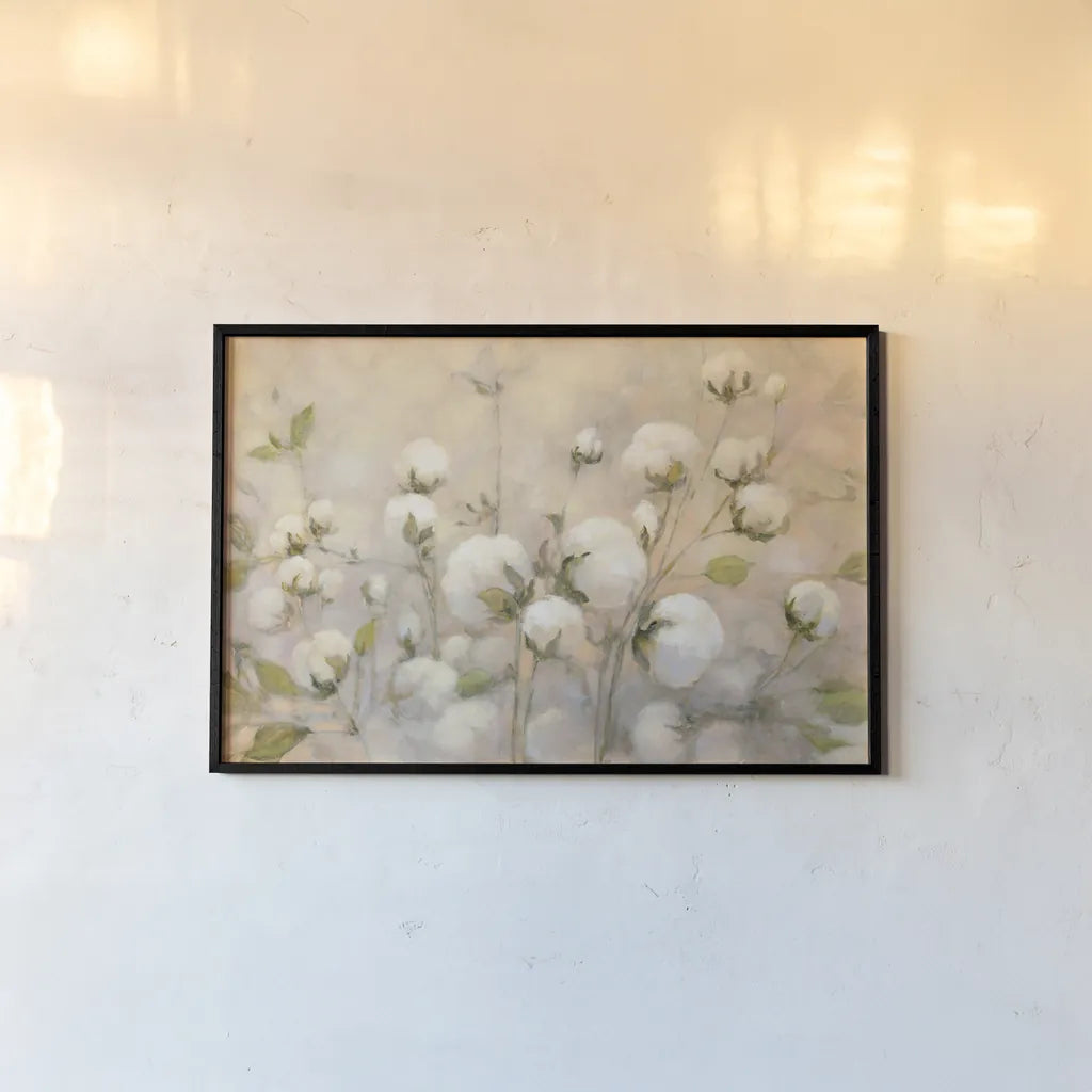 Cotton Field by Julia Purinton. shown as a paper print in a black flame. Available as a archival giclee rolled canvas, fine art paper, or poster print. SKU 31778i.