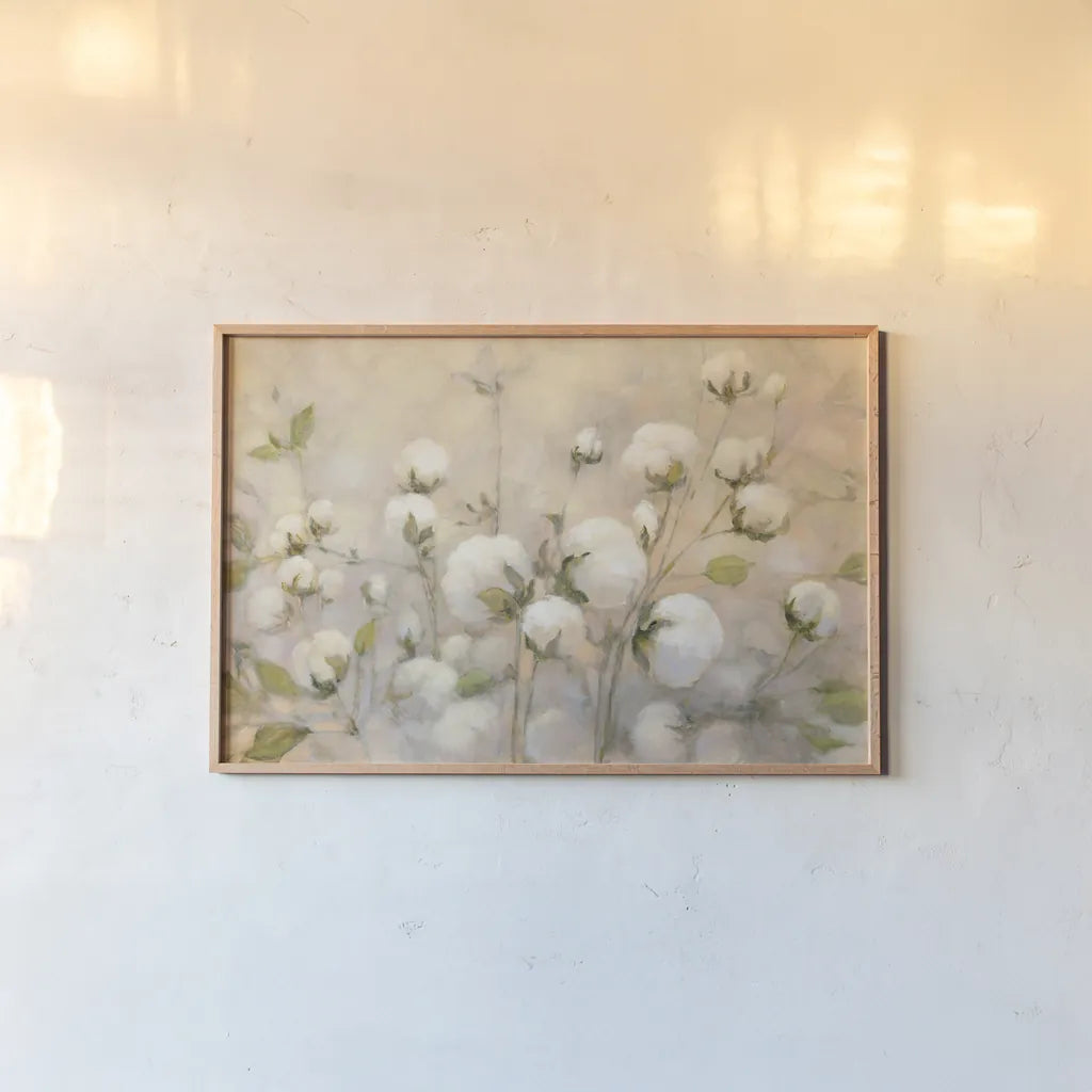 Cotton Field by Julia Purinton. shown as a paper print in a natural frame. Available as a archival giclee rolled canvas, fine art paper, or poster print. SKU 31778i.