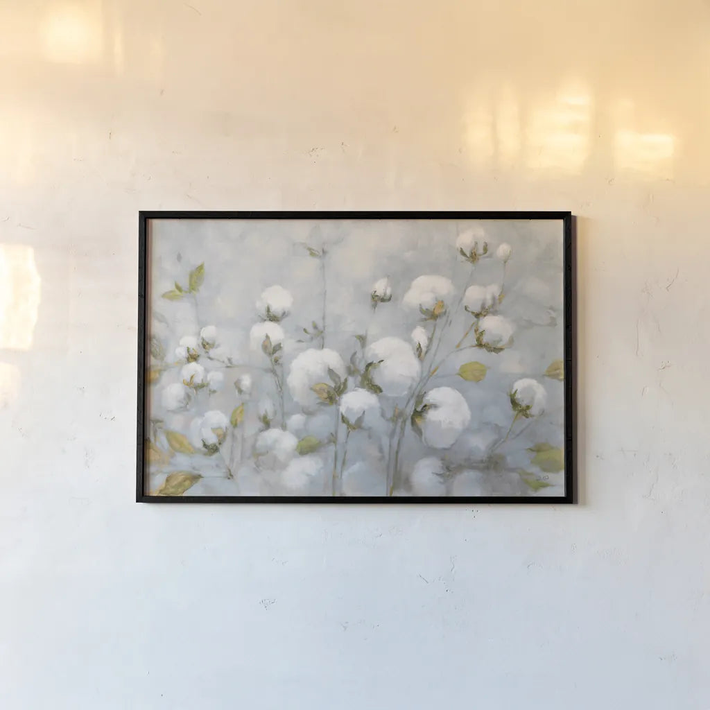 Cotton Field Blue Gray by Julia Purinton. shown as a paper print in a black flame. Available as a archival giclee rolled canvas, fine art paper, or poster print. SKU 42243i.