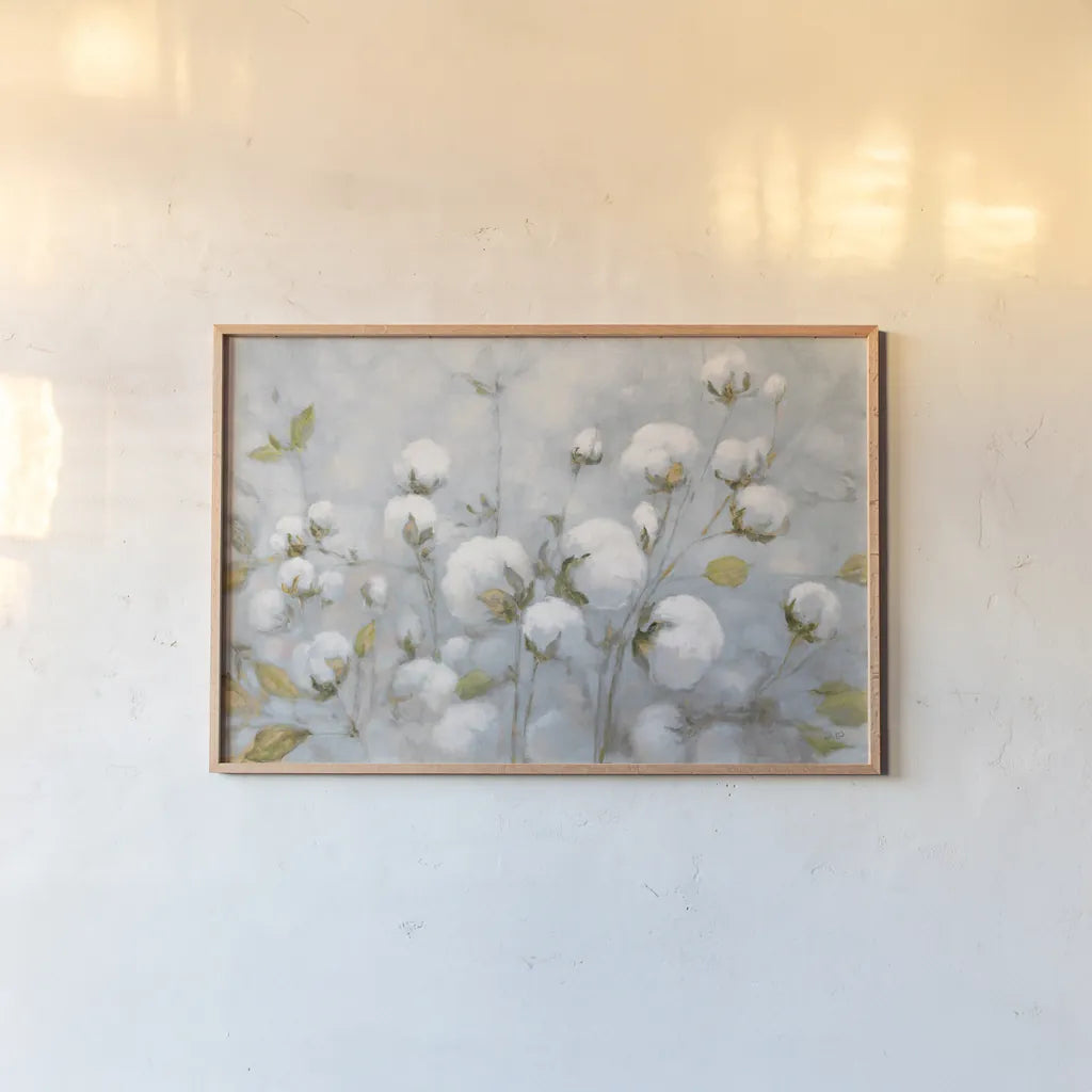 Cotton Field Blue Gray by Julia Purinton. shown as a paper print in a natural frame. Available as a archival giclee rolled canvas, fine art paper, or poster print. SKU 42243i.