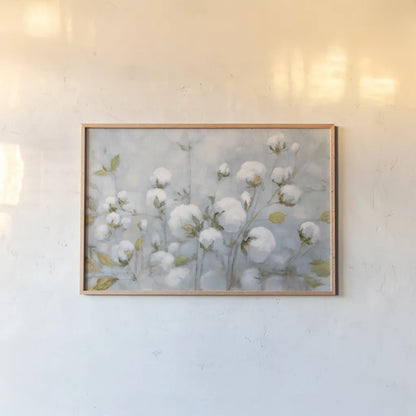 Cotton Field Blue Gray by Julia Purinton. shown as a paper print in a natural frame. Available as a archival giclee rolled canvas, fine art paper, or poster print. SKU 42243i.