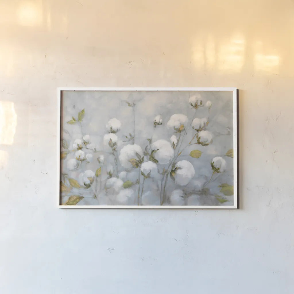 Cotton Field Blue Gray by Julia Purinton. shown as a paper print in a white frame. Available as a archival giclee rolled canvas, fine art paper, or poster print. SKU 42243i.
