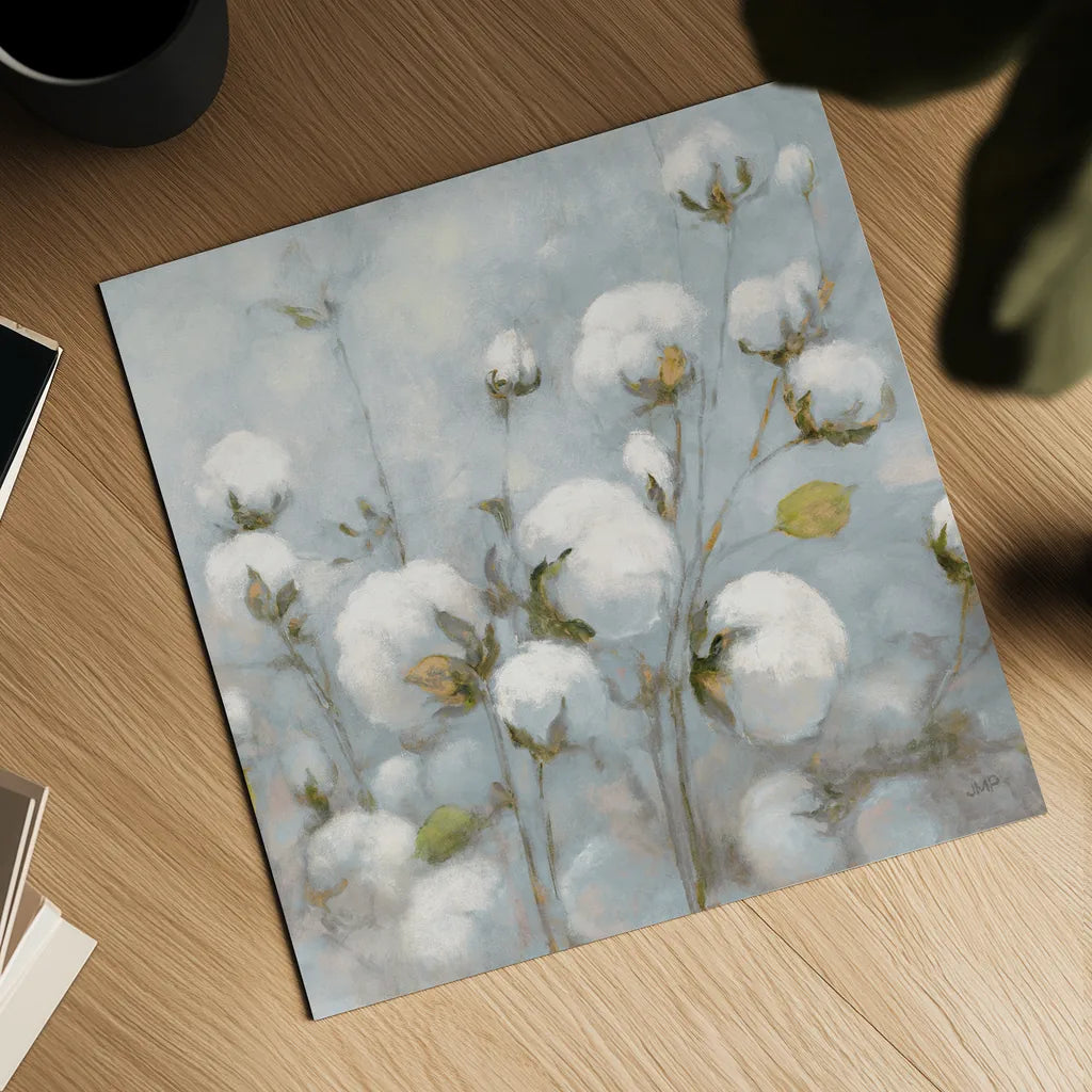 Cotton Field Blue Gray Crop by Julia Purinton. Shown as a detailed flat fine art print, highlighting archival giclee quality. Available as an archival giclee rolled canvas, fine art paper, or poster print. SKU 42243a.
