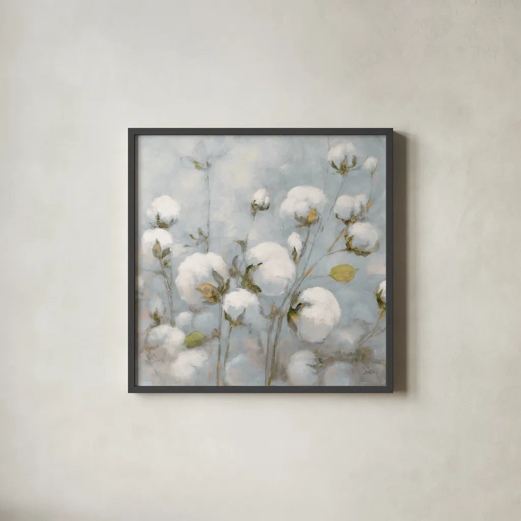 Cotton Field Blue Gray Crop by Julia Purinton. Shown in a sleek black glass frame for a contemporary gallery look. Available as an archival giclee rolled canvas, fine art paper, or poster print. SKU 42243a.