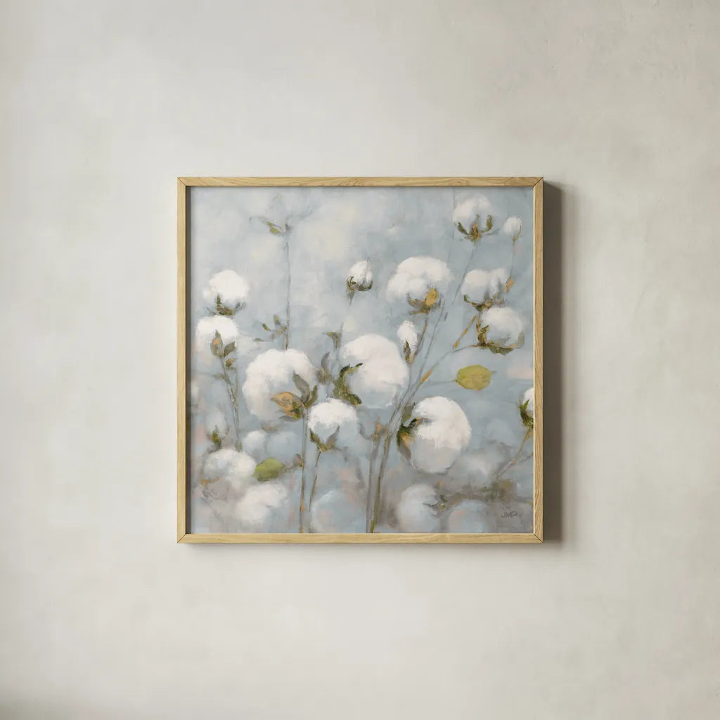 Cotton Field Blue Gray Crop by Julia Purinton. Shown in a natural wood glass frame for a timeless modern aesthetic. Available as an archival giclee rolled canvas, fine art paper, or poster print. SKU 42243a.