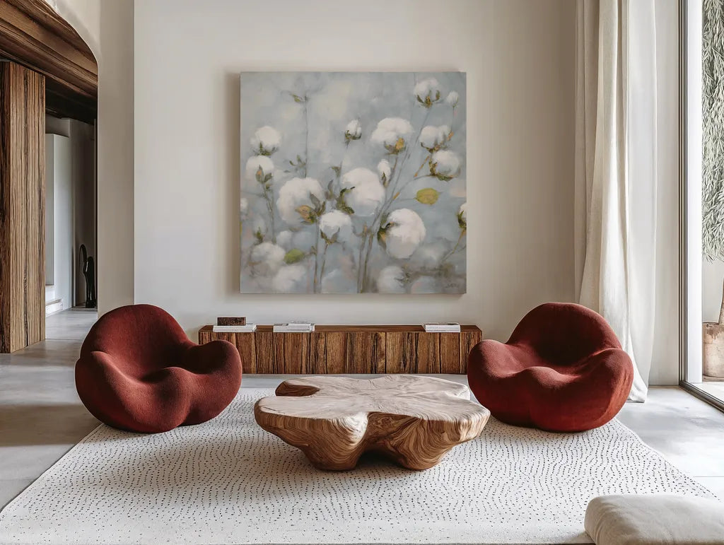 Cotton Field Blue Gray Crop by Julia Purinton. Shown as extra-large giant wall art in a modern living room. Available as an archival giclee rolled canvas, fine art paper, or poster print. SKU 42243a.