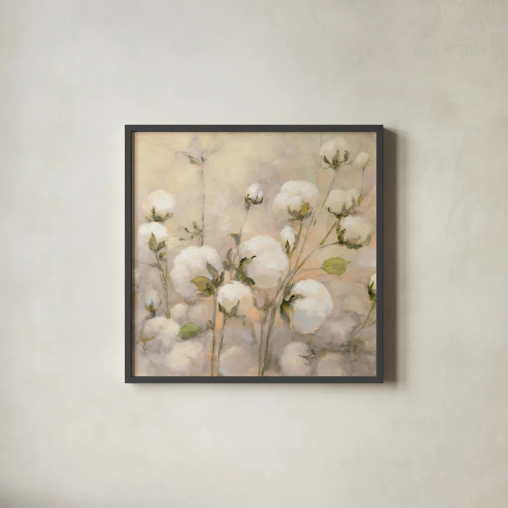 Cotton Field Crop by Julia Purinton. Shown in a sleek black glass frame for a contemporary gallery look. Available as an archival giclee rolled canvas, fine art paper, or poster print. SKU 31778a.
