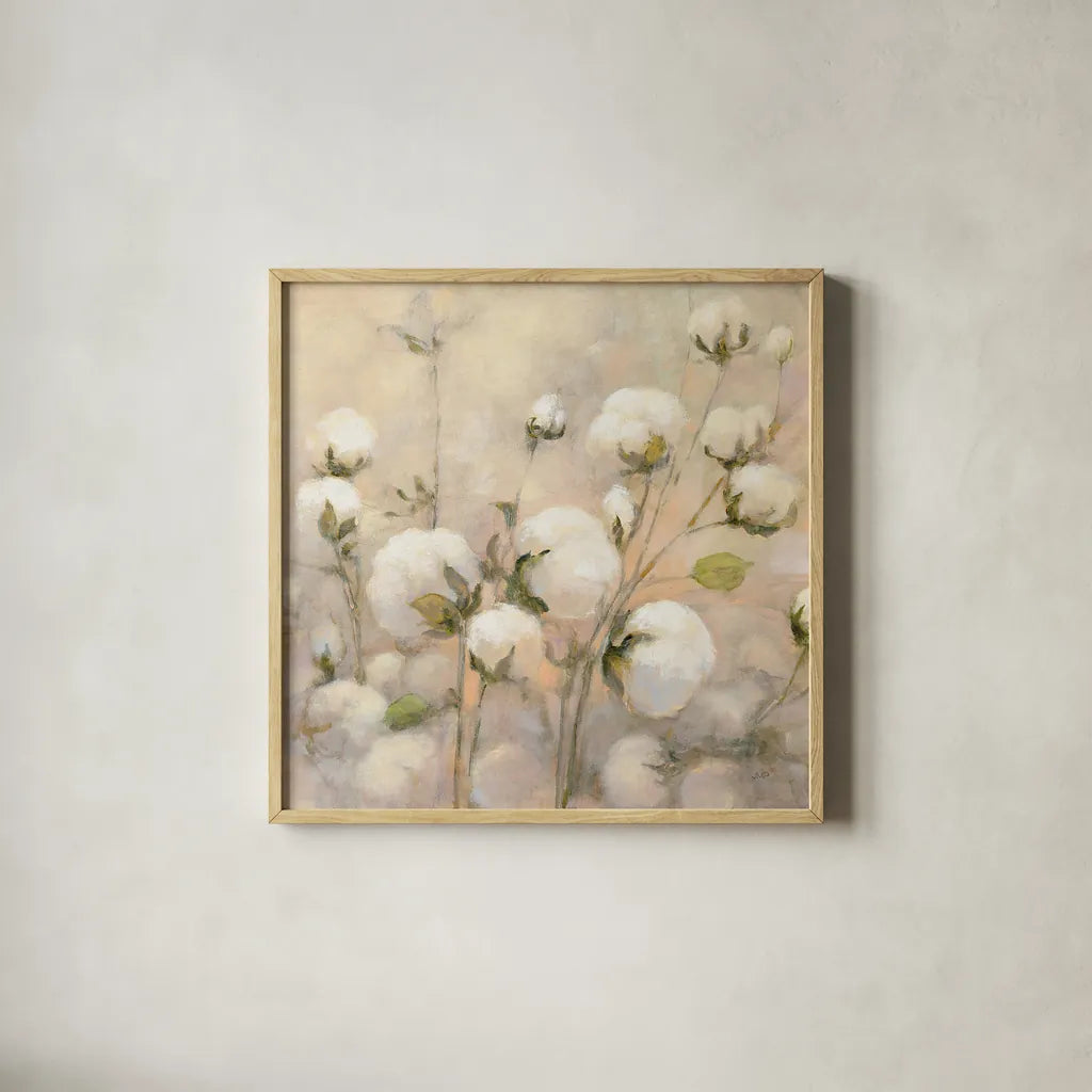 Cotton Field Crop by Julia Purinton. Shown in a natural wood glass frame for a timeless modern aesthetic. Available as an archival giclee rolled canvas, fine art paper, or poster print. SKU 31778a.