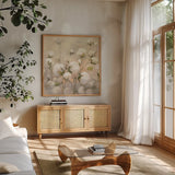 Cotton Field Crop by Julia Purinton. Shown in a natural wood frame in a cozy modern living room. Available as an archival giclee rolled canvas, fine art paper, or poster print. SKU 31778a.