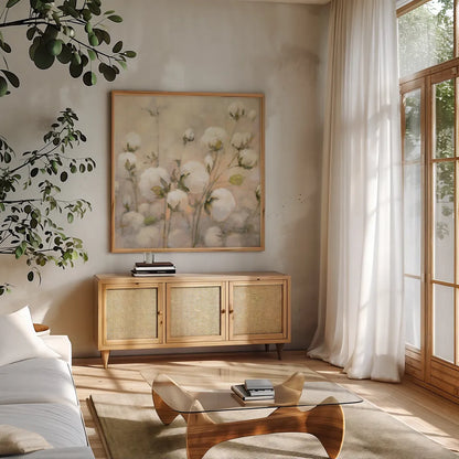 Cotton Field Crop by Julia Purinton. Shown in a natural wood frame in a cozy modern living room. Available as an archival giclee rolled canvas, fine art paper, or poster print. SKU 31778a.