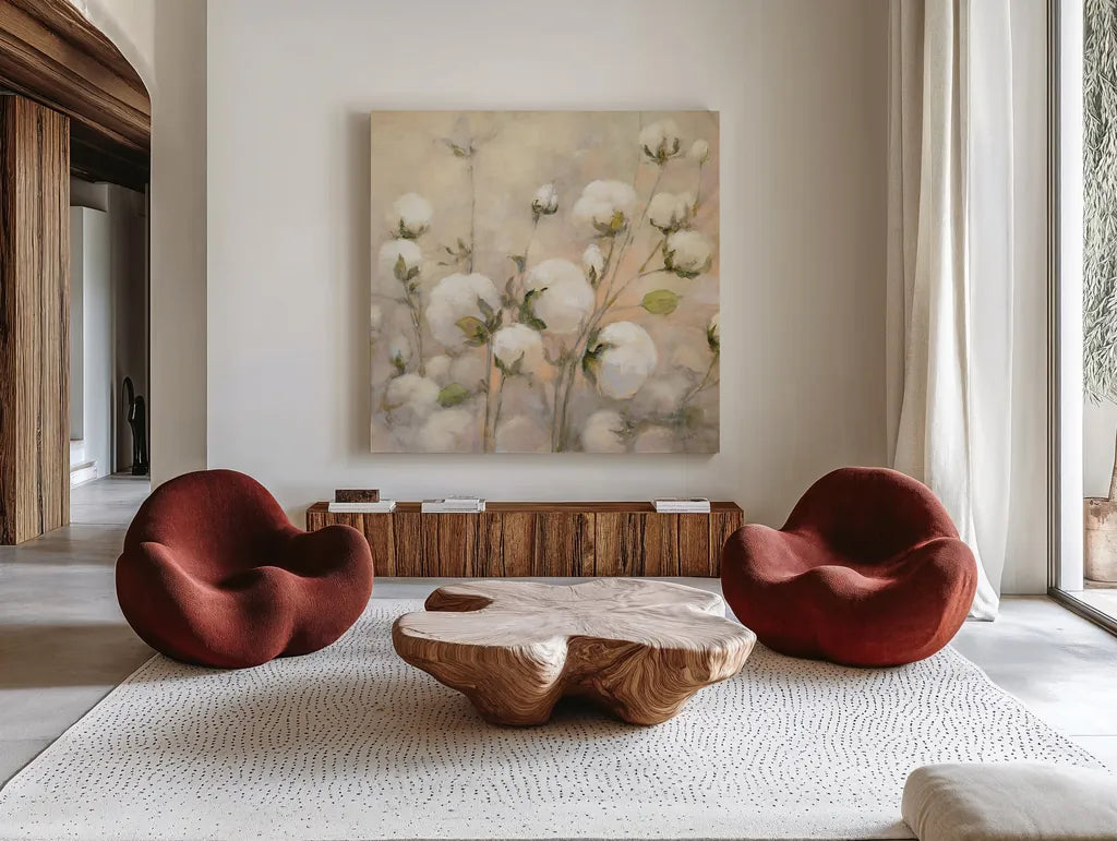 Cotton Field Crop by Julia Purinton. Shown as extra-large giant wall art in a modern living room. Available as an archival giclee rolled canvas, fine art paper, or poster print. SKU 31778a.