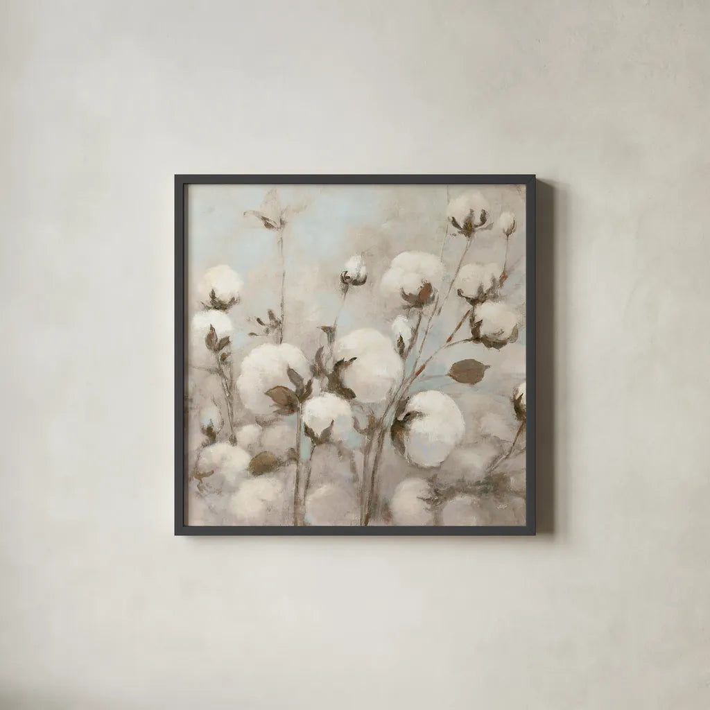 Cotton Field Crop Neutral by Julia Purinton. Shown in a sleek black glass frame for a contemporary gallery look. Available as an archival giclee rolled canvas, fine art paper, or poster print. SKU 33319a.