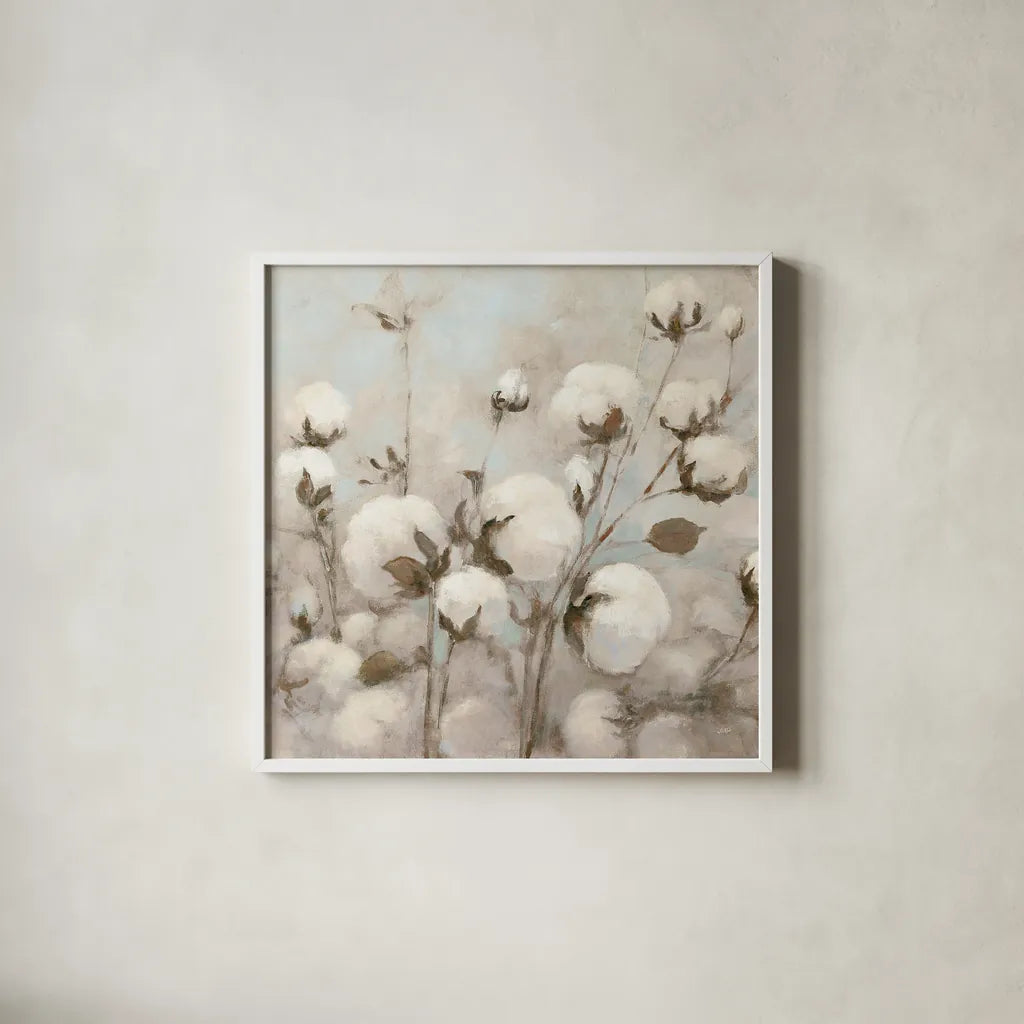 Cotton Field Crop Neutral by Julia Purinton. Shown in a crisp white glass frame for a clean and minimalist style. Available as an archival giclee rolled canvas, fine art paper, or poster print. SKU 33319a.