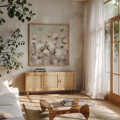 Cotton Field Crop Neutral by Julia Purinton. Shown in a natural wood frame in a cozy modern living room. Available as an archival giclee rolled canvas, fine art paper, or poster print. SKU 33319a.